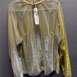 Anthropologie Sheer Metallic Olive-Gold Long-Sleeve Blouse